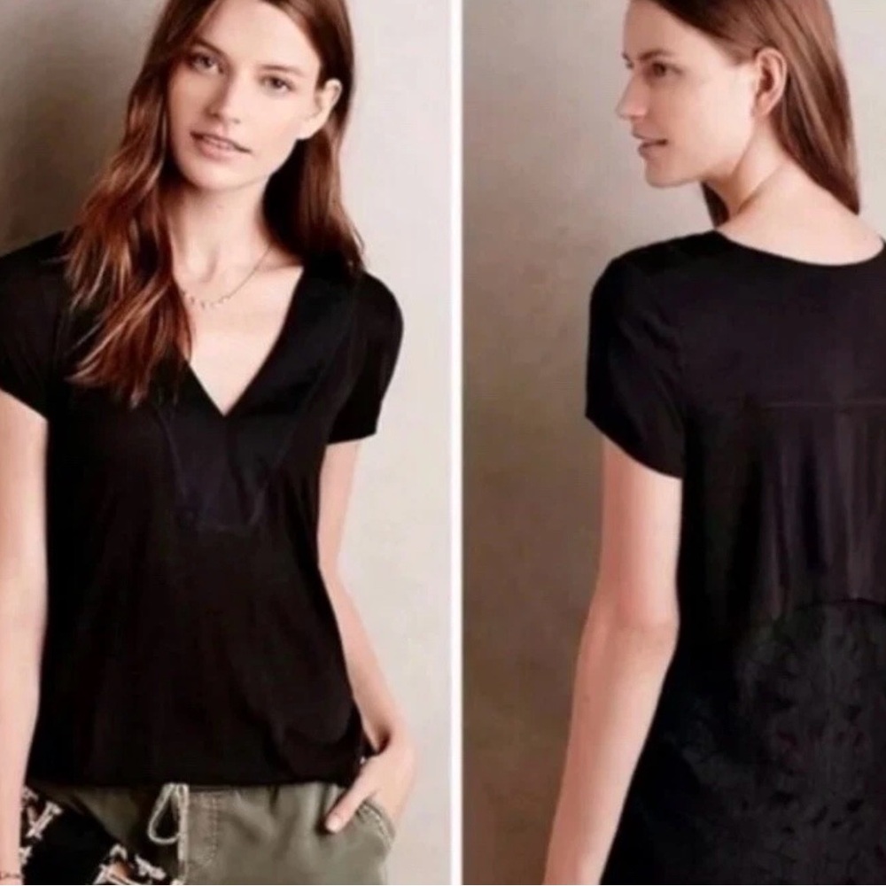 Deletta Anthropologie Black V-Neck Cap Sleeve Top with DetailedLace on Back XS